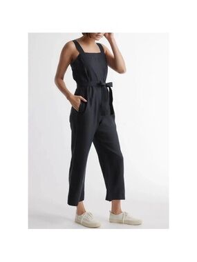 Quince Linen Black Square-Neck Jumpsuit with Waist Tie small